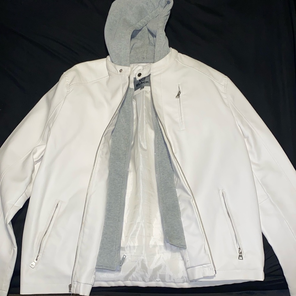 White leather feel jacket hooded